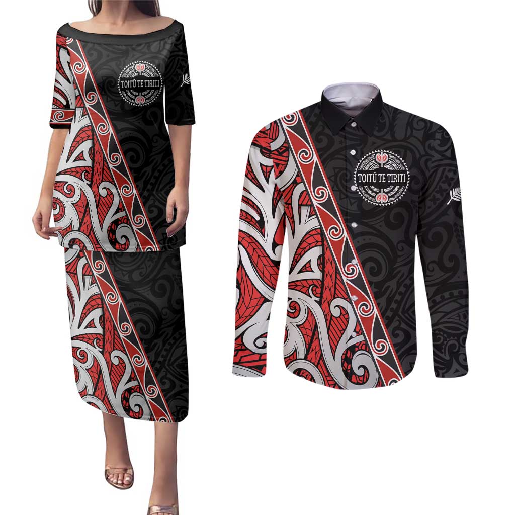 Aotearoa Toitu Te Tiriti Couples Matching Puletasi and Long Sleeve Button Shirt Honour The Treaty New Zealand LT01 Black - Polynesian Pride