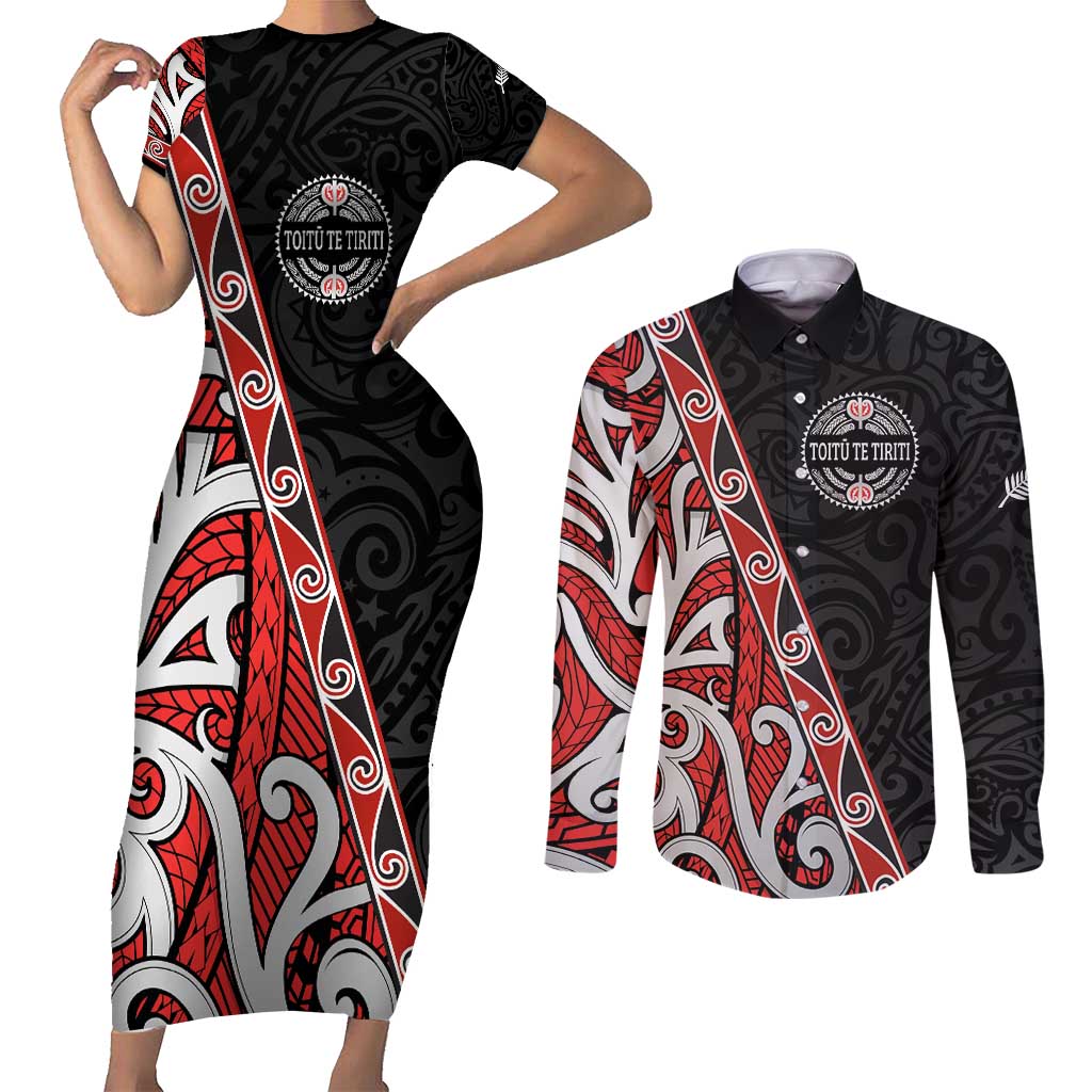 Aotearoa Toitu Te Tiriti Couples Matching Short Sleeve Bodycon Dress and Long Sleeve Button Shirt Honour The Treaty New Zealand LT01 Black - Polynesian Pride