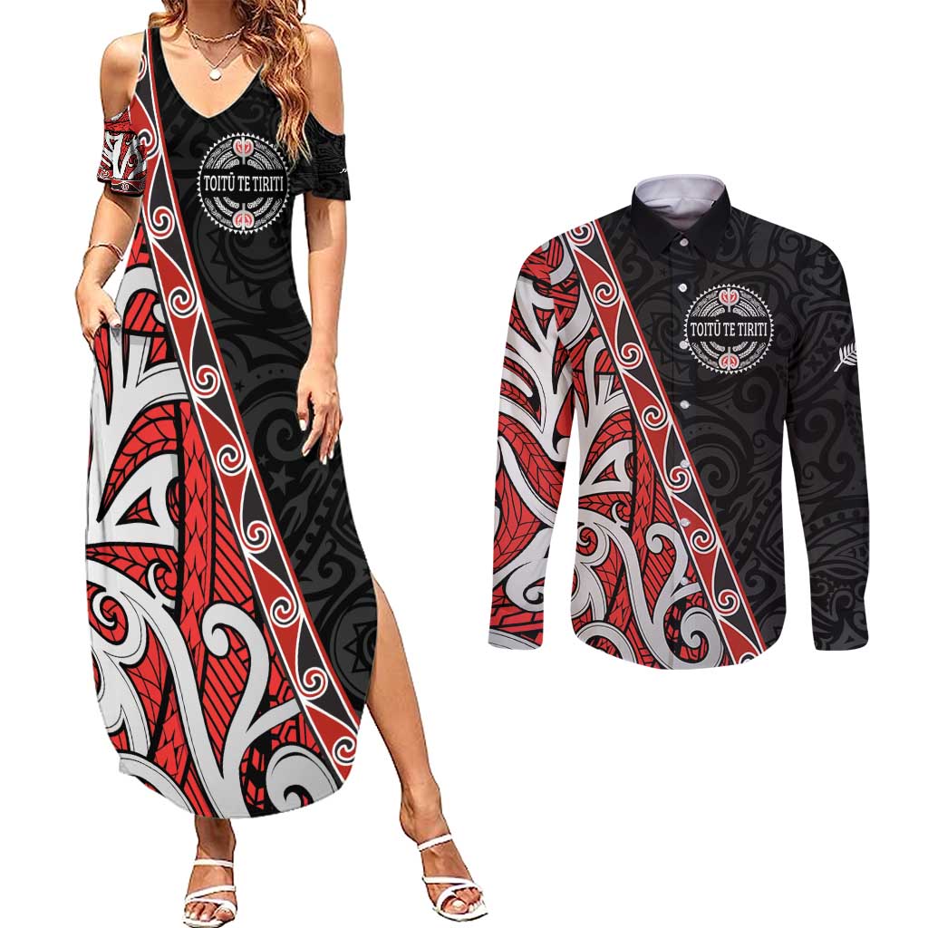 Aotearoa Toitu Te Tiriti Couples Matching Summer Maxi Dress and Long Sleeve Button Shirt Honour The Treaty New Zealand LT01 Black - Polynesian Pride