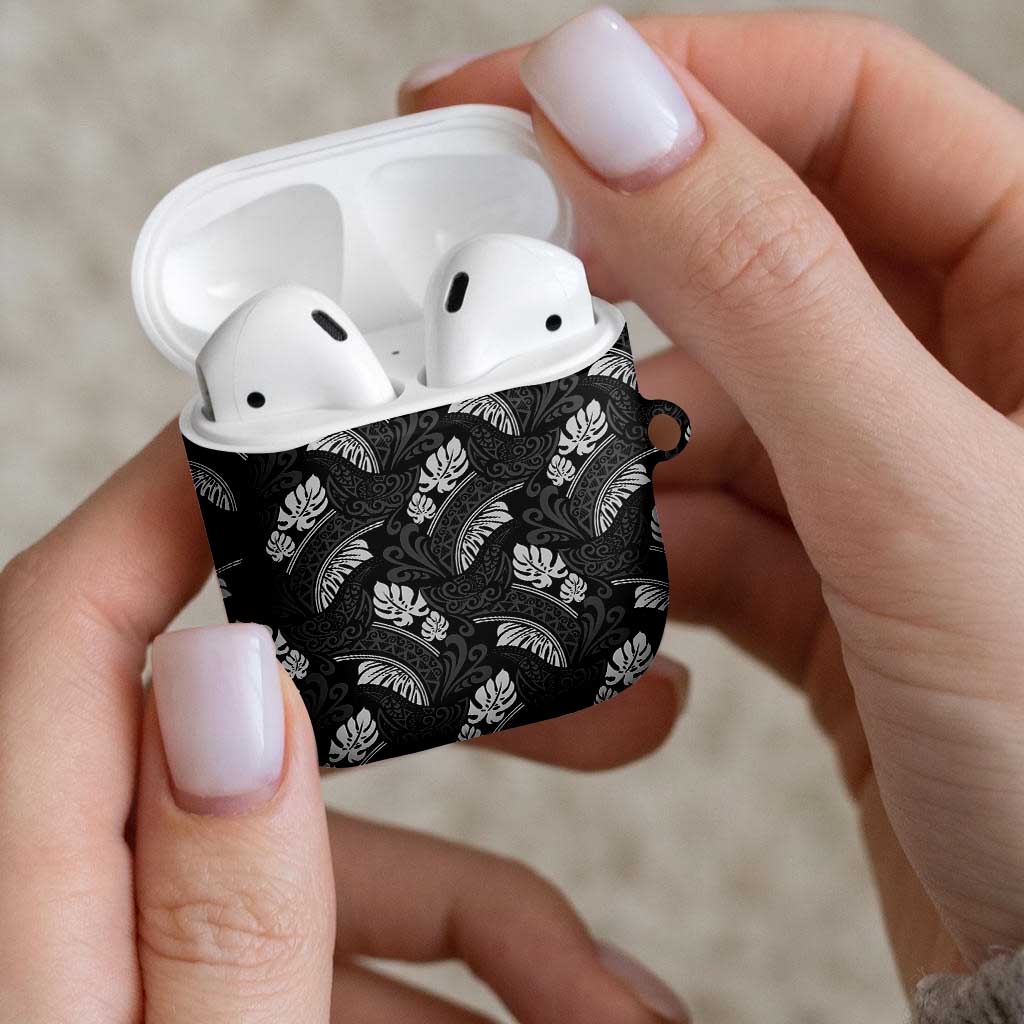 Grayscale Monstera AirPods Case Polynesian Tribal Pattern - Polynesian Pride
