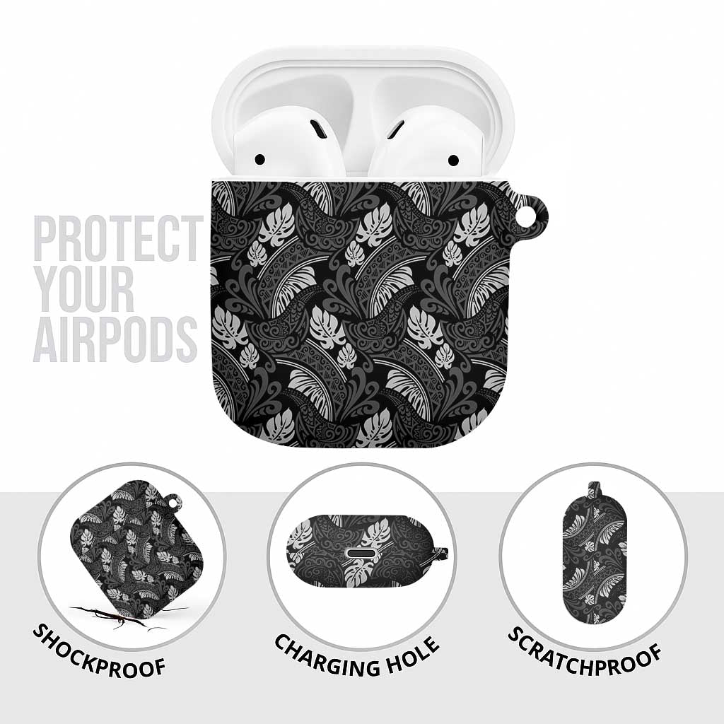 Grayscale Monstera AirPods Case Polynesian Tribal Pattern - Polynesian Pride
