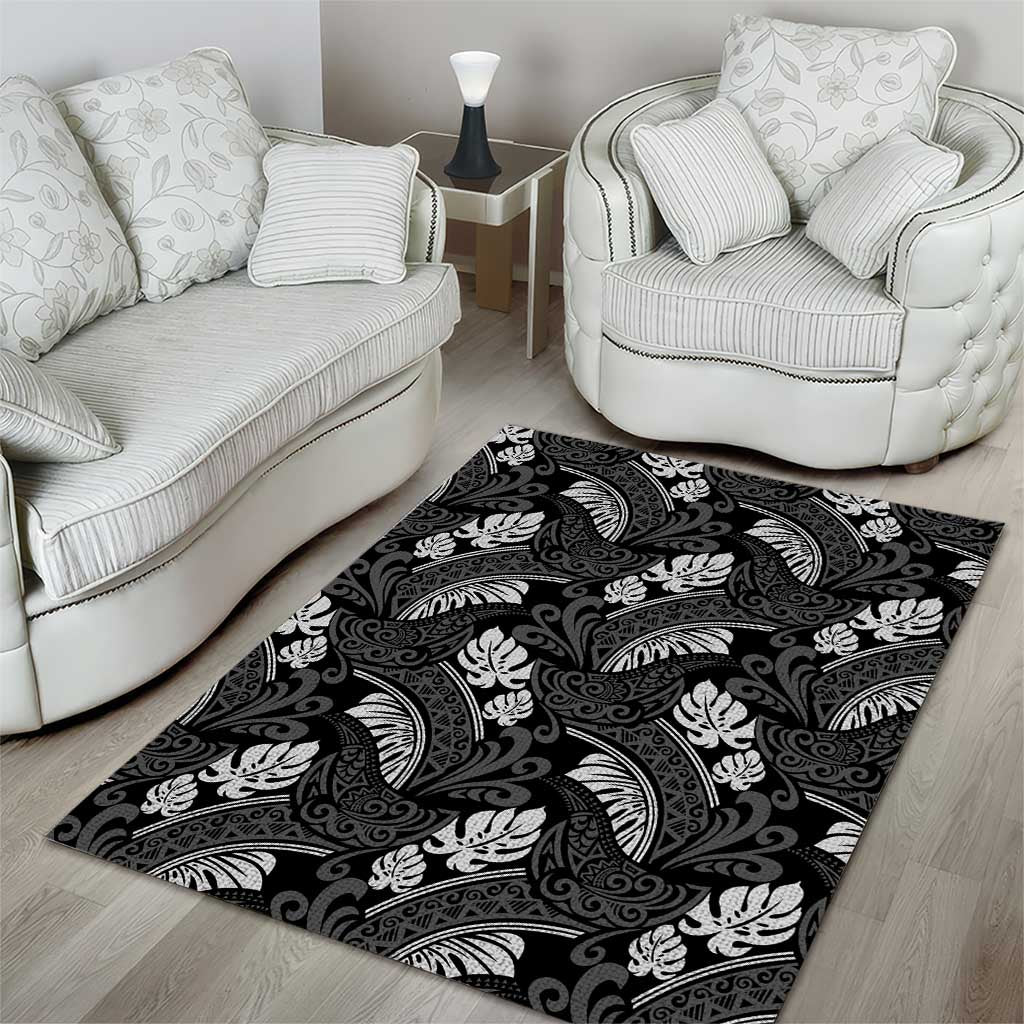 Grayscale Monstera Area Rug Polynesian Tribal Pattern - Polynesian Pride