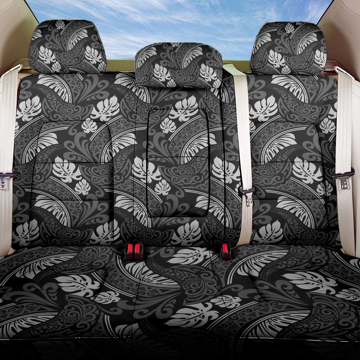 Grayscale Monstera Back Car Seat Cover Polynesian Tribal Pattern LT01 One Size Black - Polynesian Pride