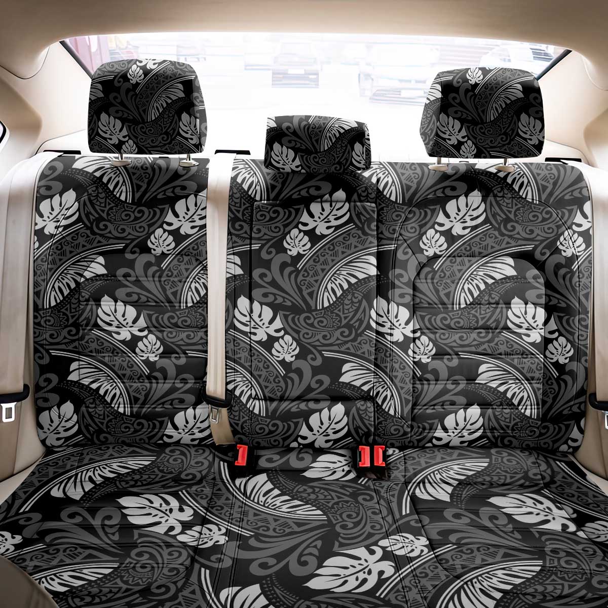 Grayscale Monstera Back Car Seat Cover Polynesian Tribal Pattern LT01 - Polynesian Pride