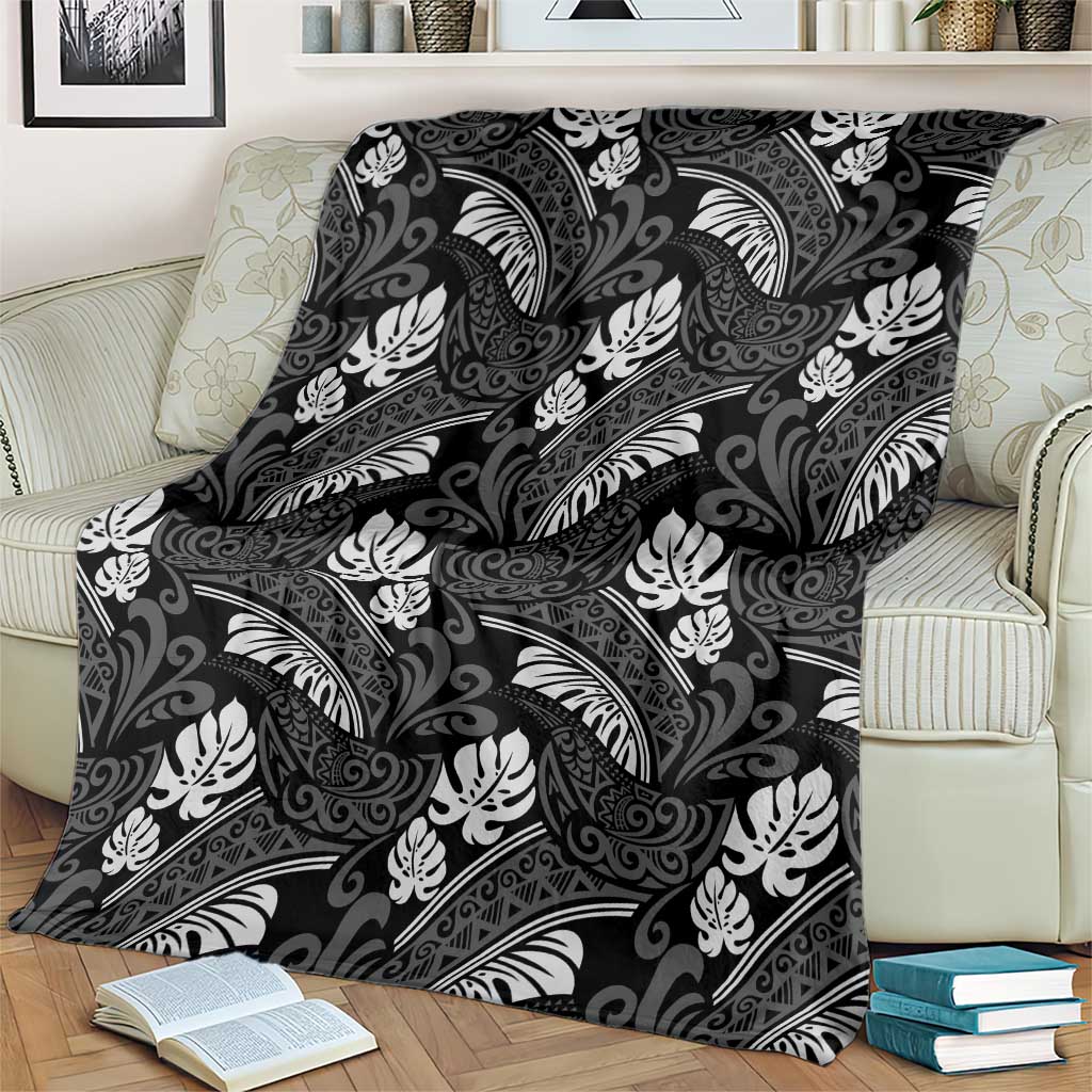 Grayscale Monstera Blanket Polynesian Tribal Pattern - Polynesian Pride