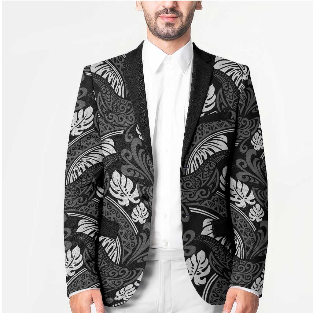 Grayscale Monstera Blazer Polynesian Tribal Pattern - Polynesian Pride