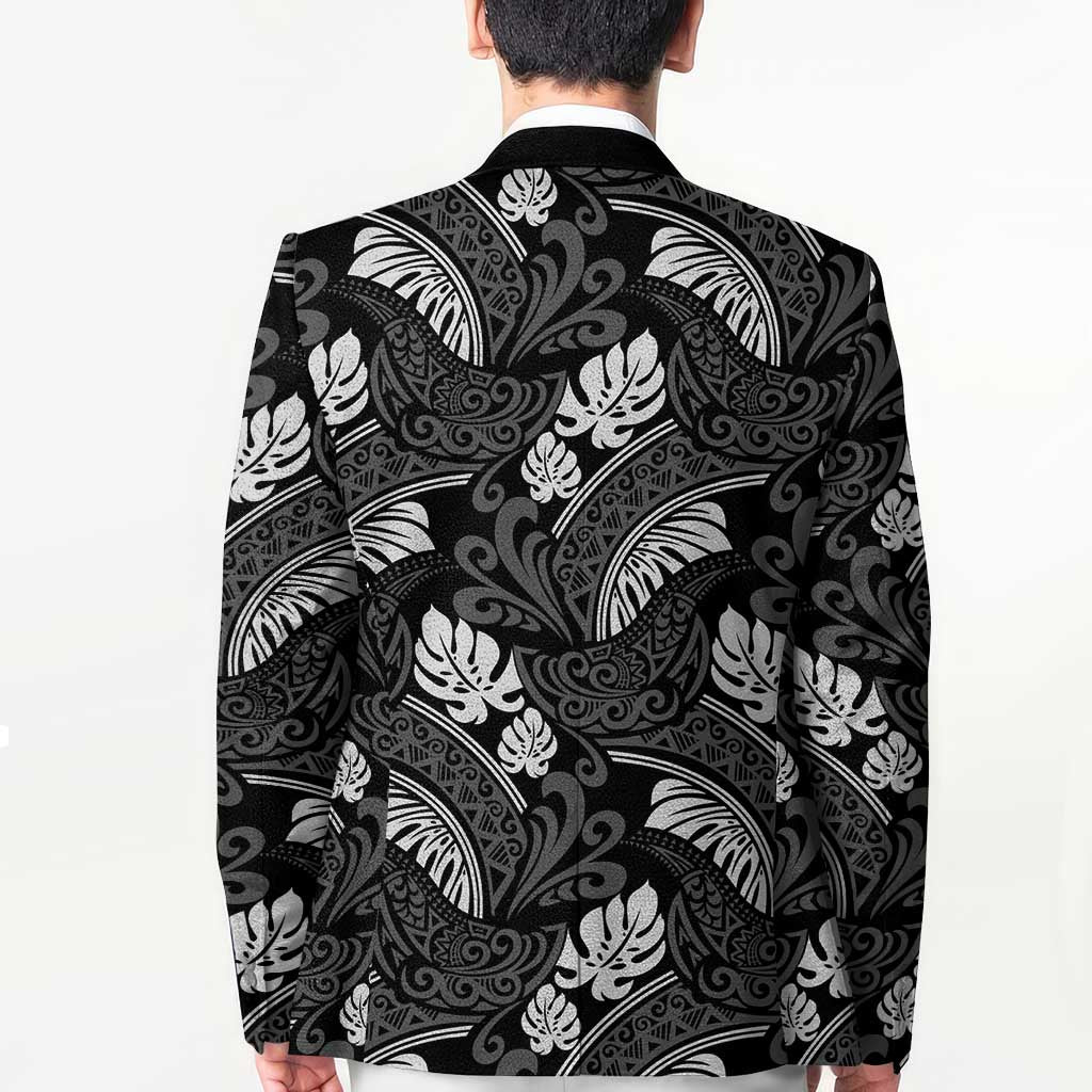 Grayscale Monstera Blazer Polynesian Tribal Pattern - Polynesian Pride