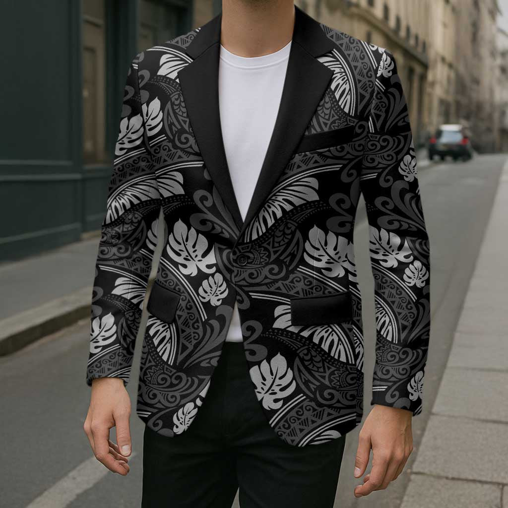 Grayscale Monstera Blazer Polynesian Tribal Pattern - Polynesian Pride