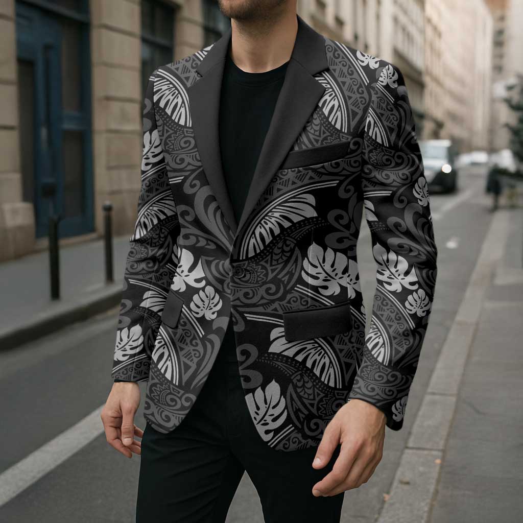 Grayscale Monstera Blazer Polynesian Tribal Pattern - Polynesian Pride