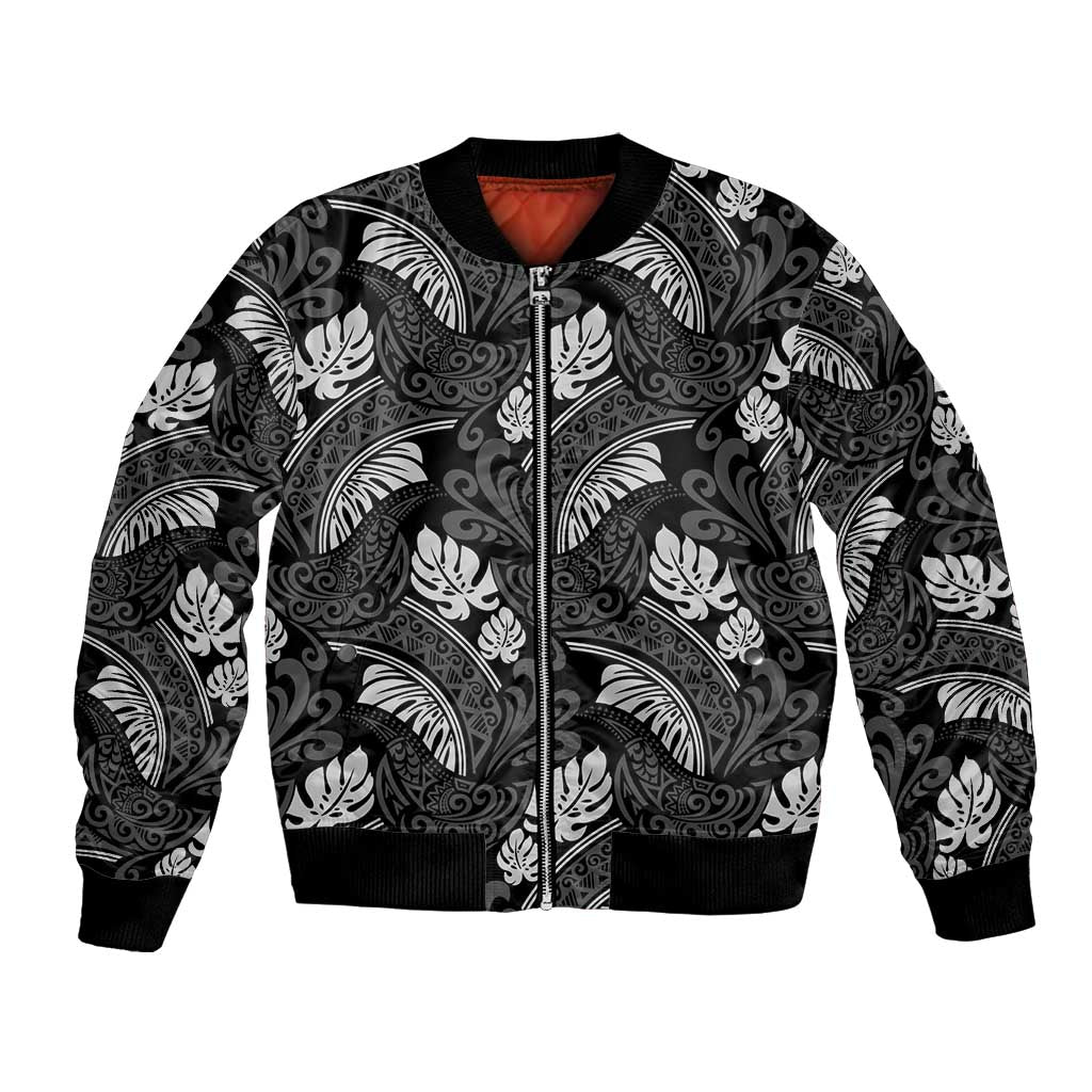 Grayscale Monstera Bomber Jacket Polynesian Tribal Pattern - Polynesian Pride