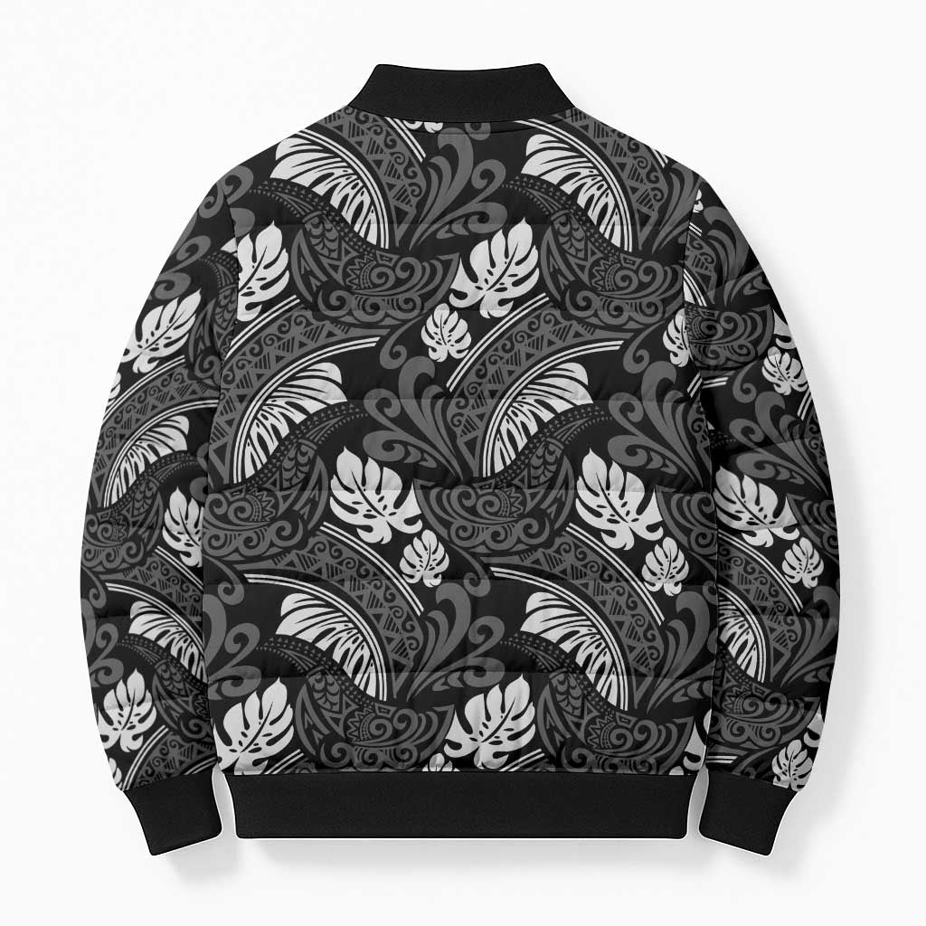 Grayscale Monstera Bomber Puffer Jacket Polynesian Tribal Pattern LT01 - Polynesian Pride