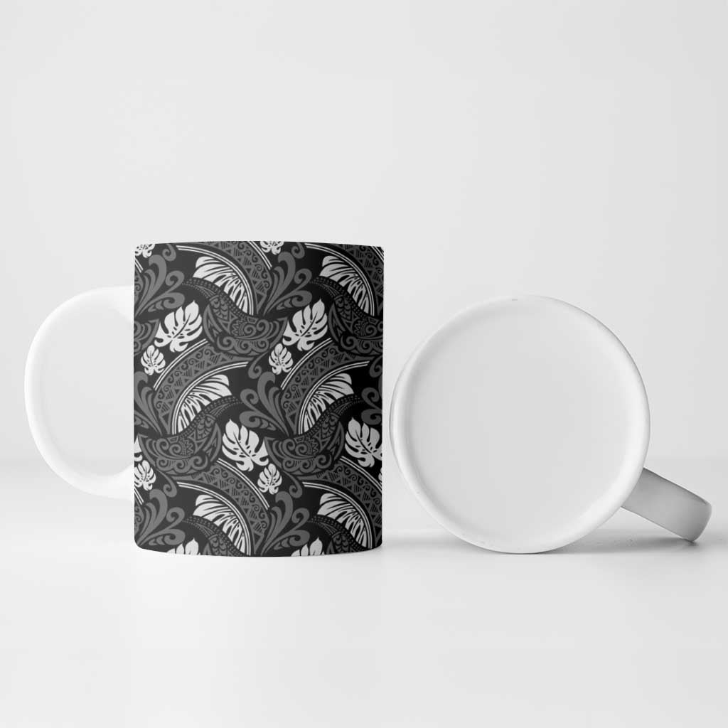 Grayscale Monstera Ceramic Mug Polynesian Tribal Pattern - Polynesian Pride