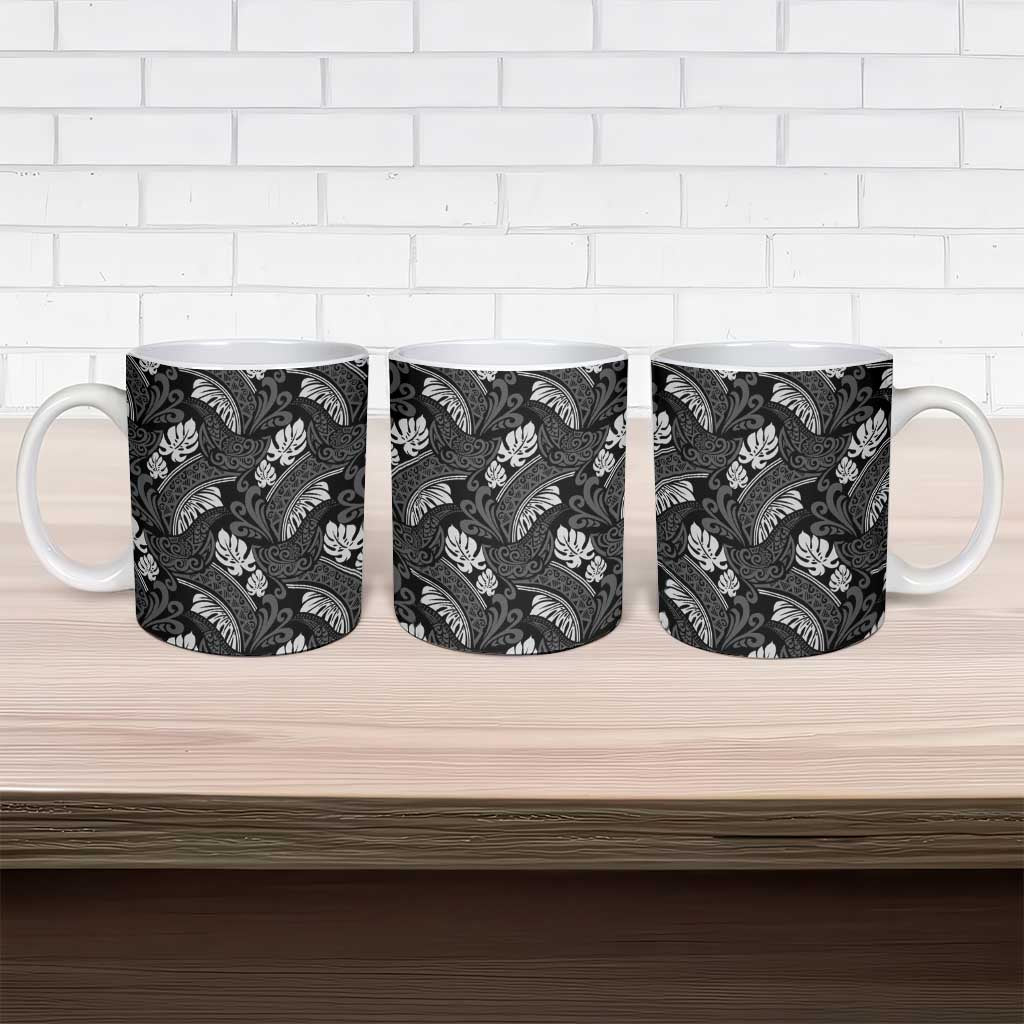 Grayscale Monstera Ceramic Mug Polynesian Tribal Pattern - Polynesian Pride