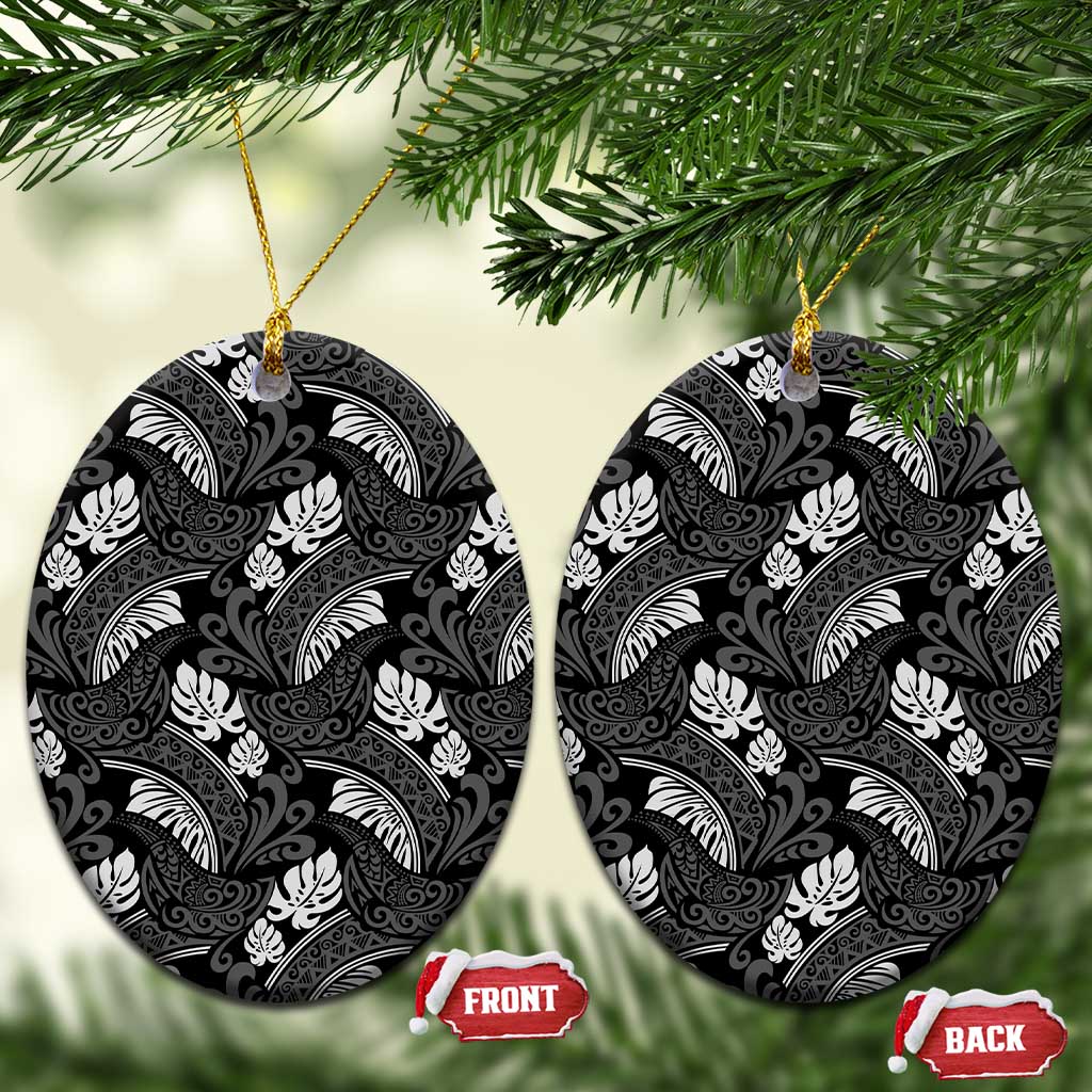 Grayscale Monstera Ceramic Ornament Polynesian Tribal Pattern LT01 Oval Black - Polynesian Pride