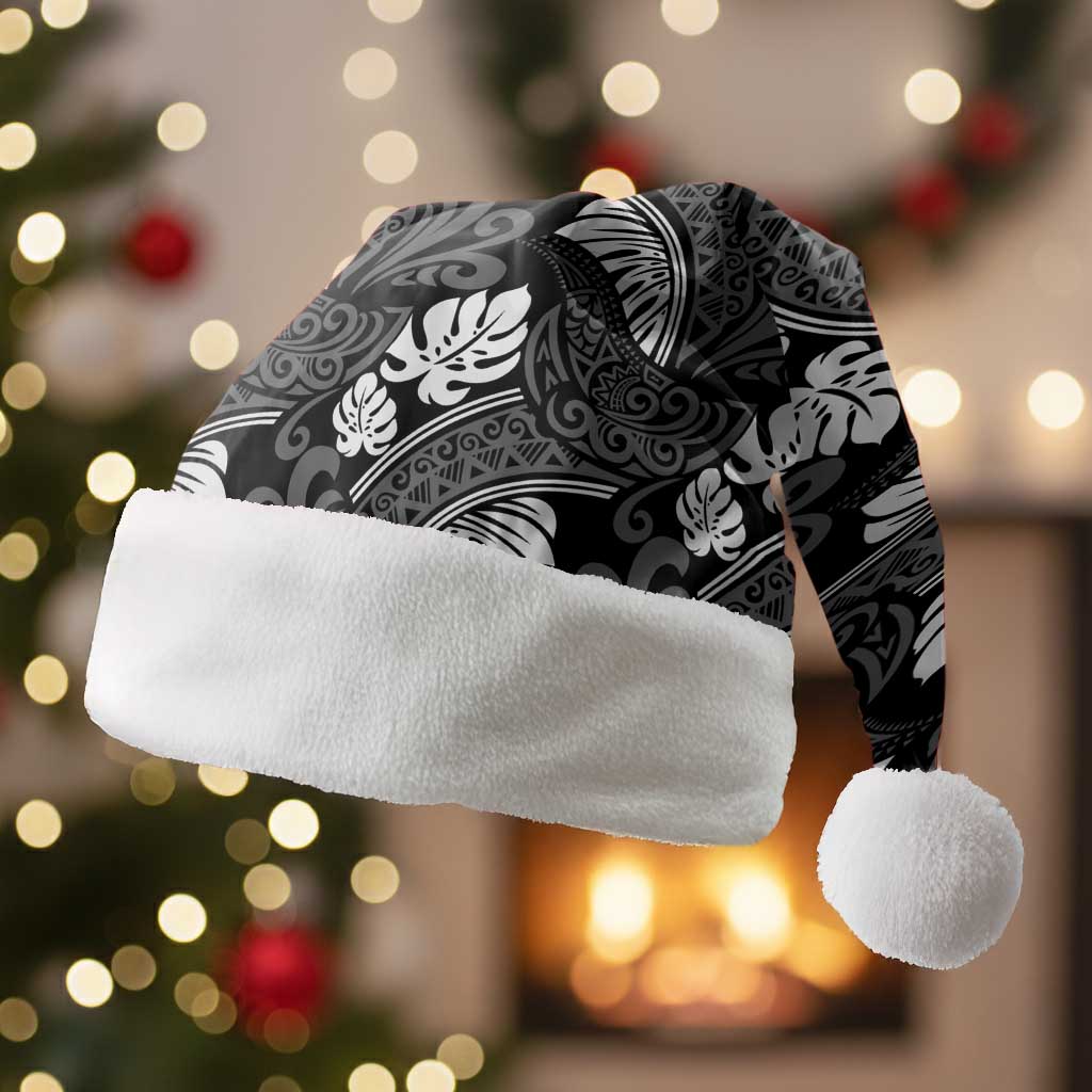 Grayscale Monstera Christmas Santa Hat Polynesian Tribal Pattern LT01 Without Fur Black - Polynesian Pride