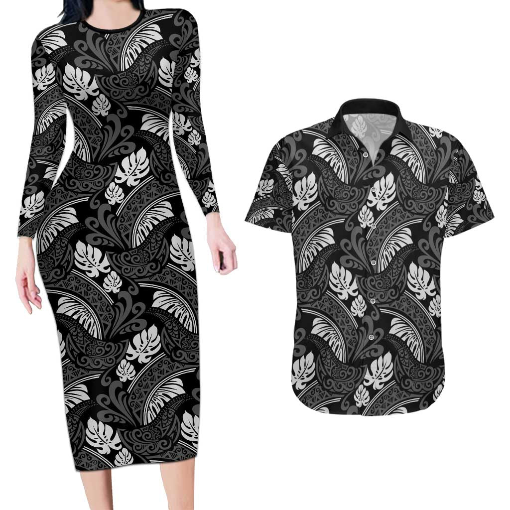 Grayscale Monstera Couples Matching Long Sleeve Bodycon Dress and Hawaiian Shirt Polynesian Tribal Pattern - Polynesian Pride