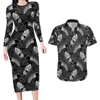 Grayscale Monstera Couples Matching Long Sleeve Bodycon Dress and Hawaiian Shirt Polynesian Tribal Pattern - Polynesian Pride