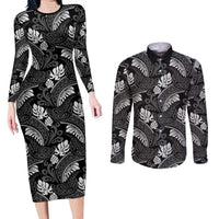 Grayscale Monstera Couples Matching Long Sleeve Bodycon Dress and Long Sleeve Button Shirt Polynesian Tribal Pattern LT01 Black - Polynesian Pride