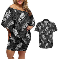 Grayscale Monstera Couples Matching Off Shoulder Short Dress and Hawaiian Shirt Polynesian Tribal Pattern LT01 Black - Polynesian Pride
