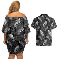 Grayscale Monstera Couples Matching Off Shoulder Short Dress and Hawaiian Shirt Polynesian Tribal Pattern LT01 - Polynesian Pride