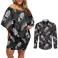 Grayscale Monstera Couples Matching Off Shoulder Short Dress and Long Sleeve Button Shirt Polynesian Tribal Pattern - Polynesian Pride