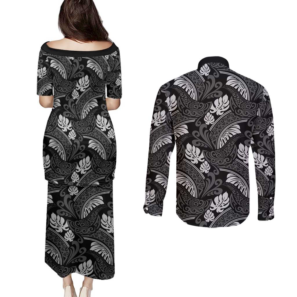 Grayscale Monstera Couples Matching Puletasi and Long Sleeve Button Shirt Polynesian Tribal Pattern LT01 - Polynesian Pride