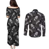 Grayscale Monstera Couples Matching Puletasi and Long Sleeve Button Shirt Polynesian Tribal Pattern LT01 - Polynesian Pride