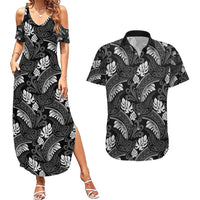 Grayscale Monstera Couples Matching Summer Maxi Dress and Hawaiian Shirt Polynesian Tribal Pattern - Polynesian Pride