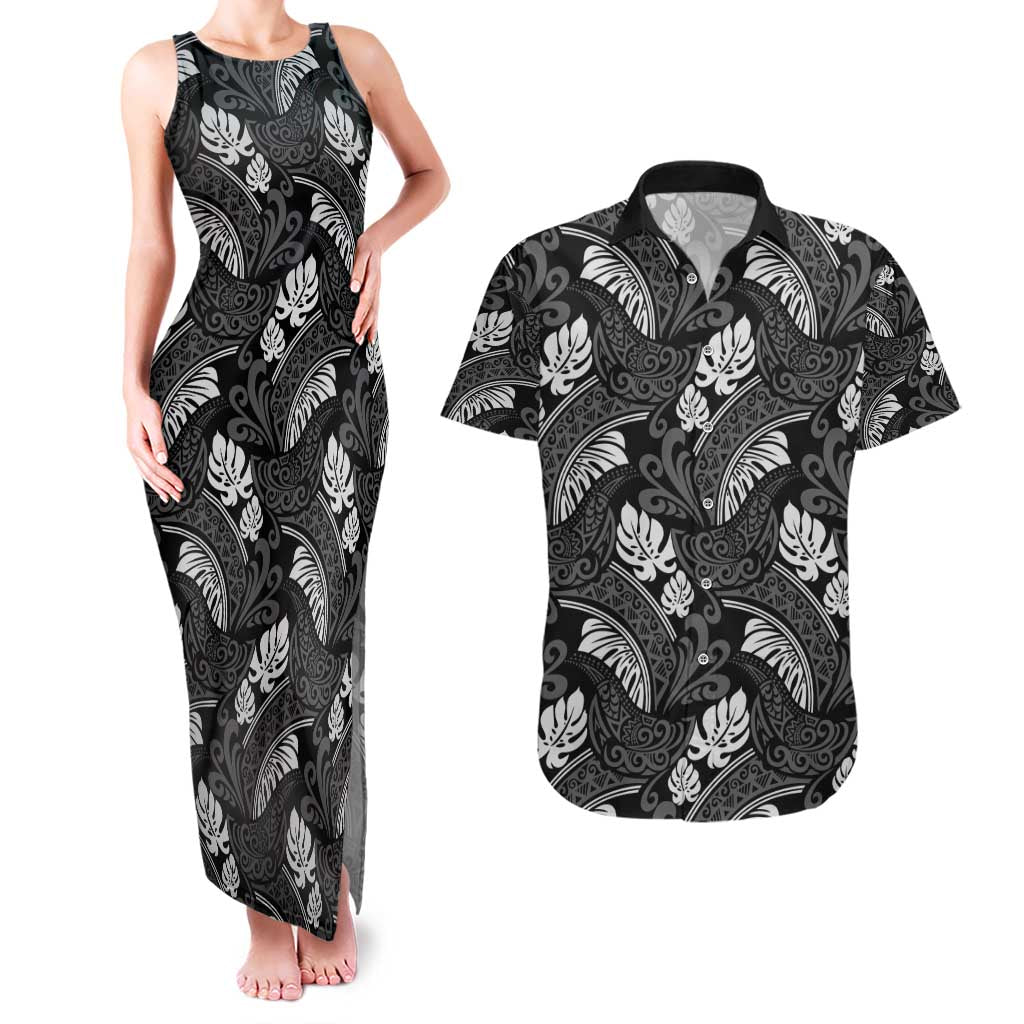 Grayscale Monstera Couples Matching Tank Maxi Dress and Hawaiian Shirt Polynesian Tribal Pattern LT01 Black - Polynesian Pride