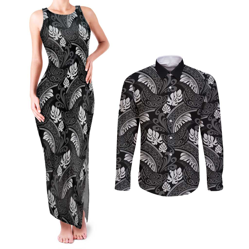 Grayscale Monstera Couples Matching Tank Maxi Dress and Long Sleeve Button Shirt Polynesian Tribal Pattern - Polynesian Pride