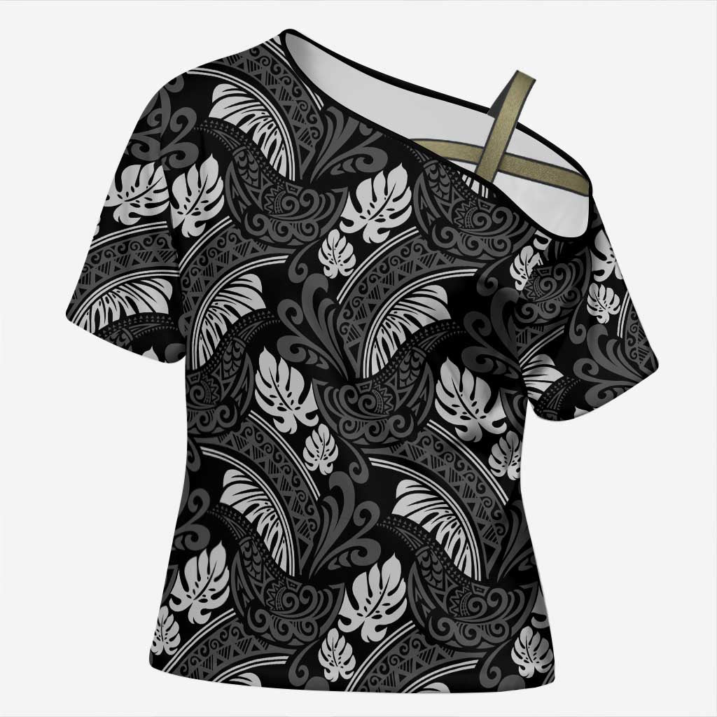 Grayscale Monstera Cross Shoulder Shirt Polynesian Tribal Pattern LT01 Female Black - Polynesian Pride