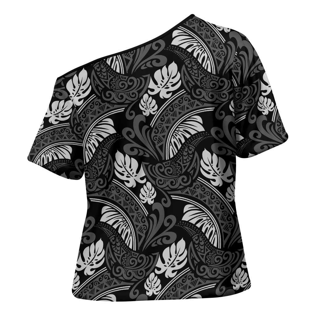 Grayscale Monstera Cross Shoulder Shirt Polynesian Tribal Pattern LT01 - Polynesian Pride