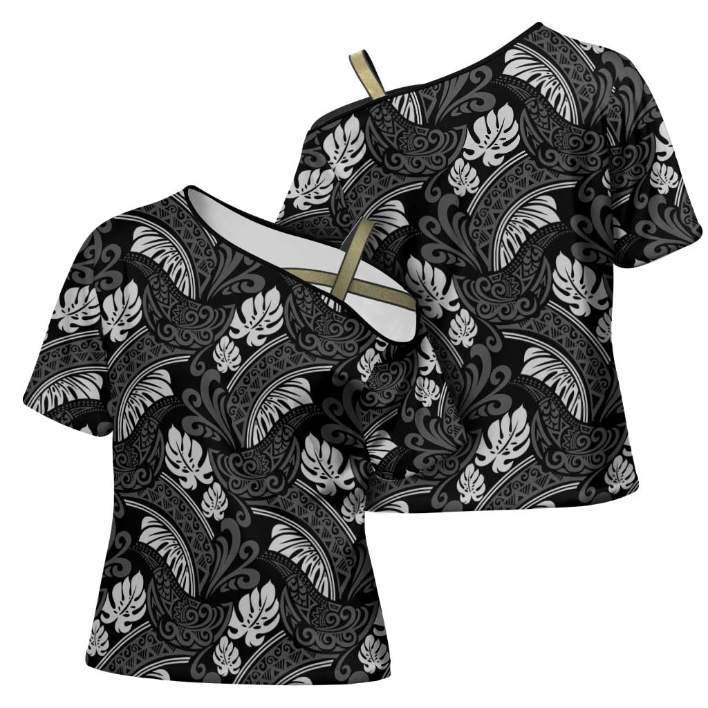 Grayscale Monstera Cross Shoulder Shirt Polynesian Tribal Pattern LT01 - Polynesian Pride
