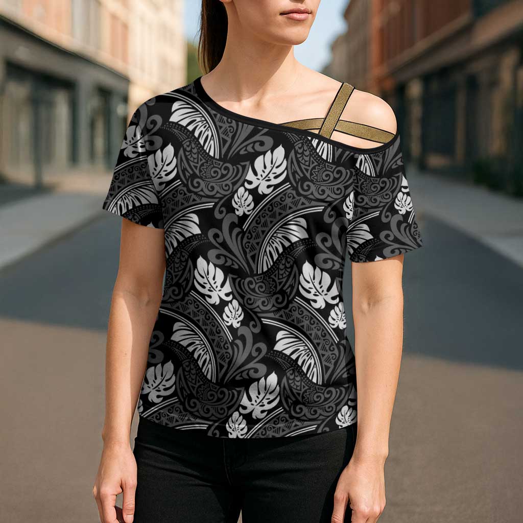 Grayscale Monstera Cross Shoulder Shirt Polynesian Tribal Pattern LT01 - Polynesian Pride