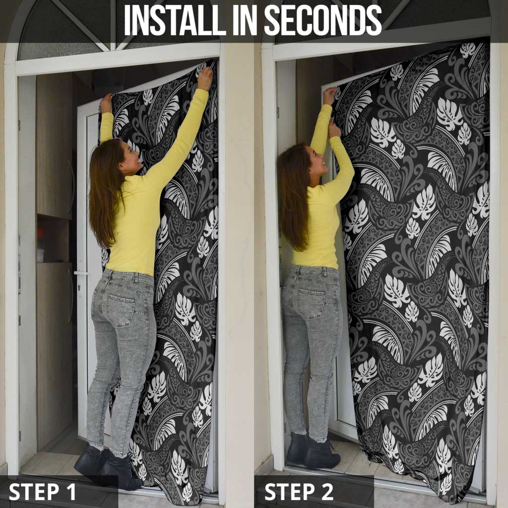 Grayscale Monstera Door Cover Polynesian Tribal Pattern - Polynesian Pride