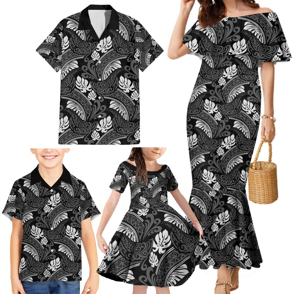 Grayscale Monstera Family Matching Mermaid Dress and Hawaiian Shirt Polynesian Tribal Pattern - Polynesian Pride