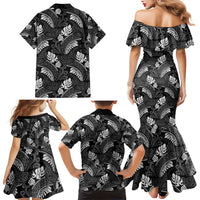Grayscale Monstera Family Matching Mermaid Dress and Hawaiian Shirt Polynesian Tribal Pattern - Polynesian Pride