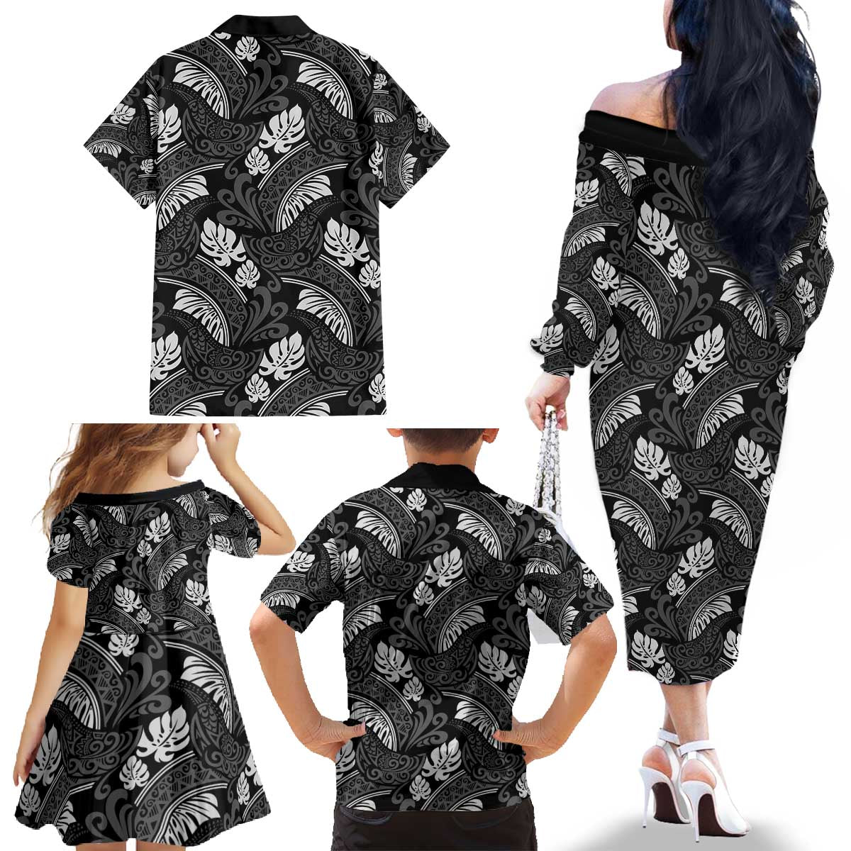 Grayscale Monstera Family Matching Off The Shoulder Long Sleeve Dress and Hawaiian Shirt Polynesian Tribal Pattern - Polynesian Pride