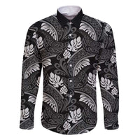Grayscale Monstera Family Matching Off The Shoulder Long Sleeve Dress and Hawaiian Shirt Polynesian Tribal Pattern - Polynesian Pride