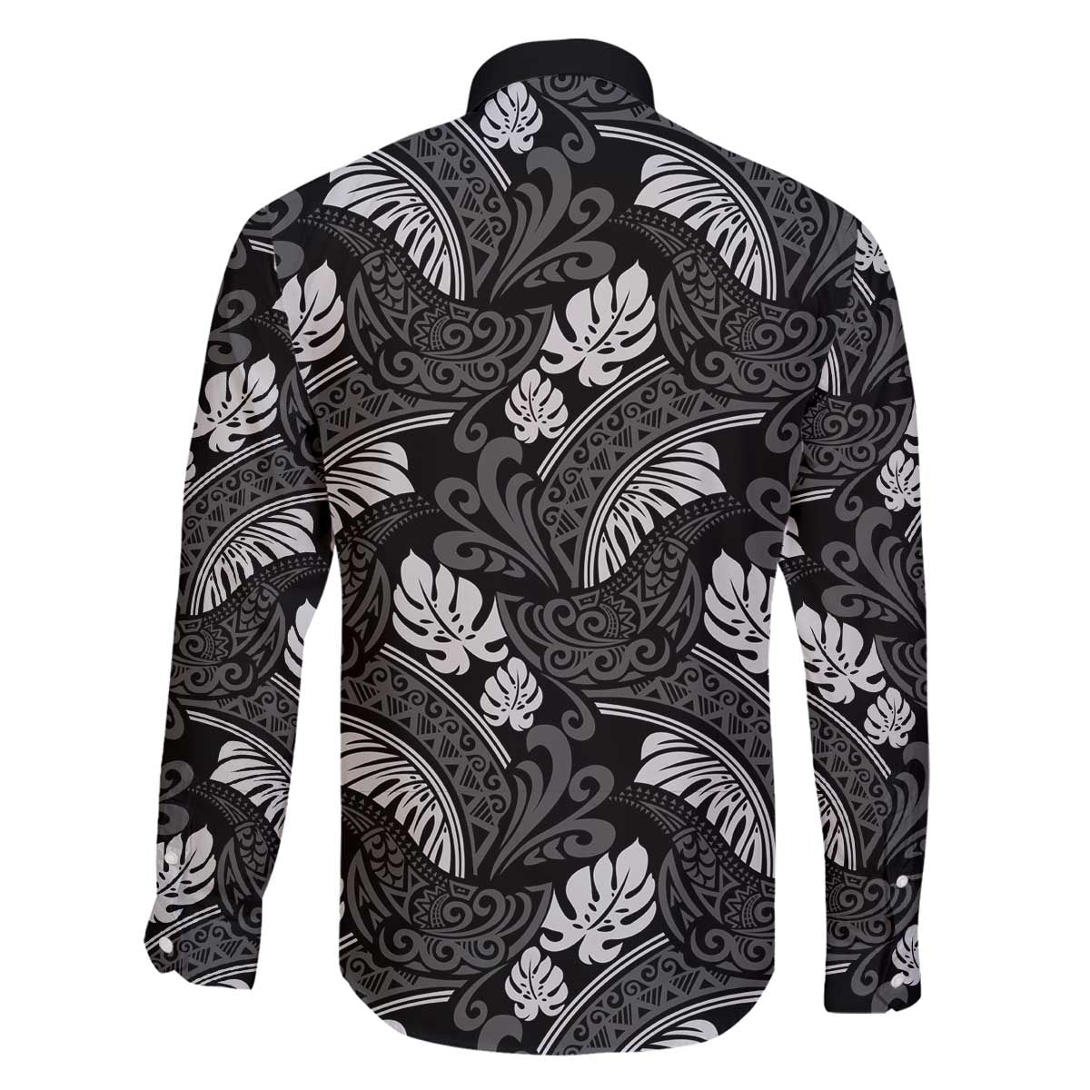 Grayscale Monstera Family Matching Off The Shoulder Long Sleeve Dress and Hawaiian Shirt Polynesian Tribal Pattern - Polynesian Pride
