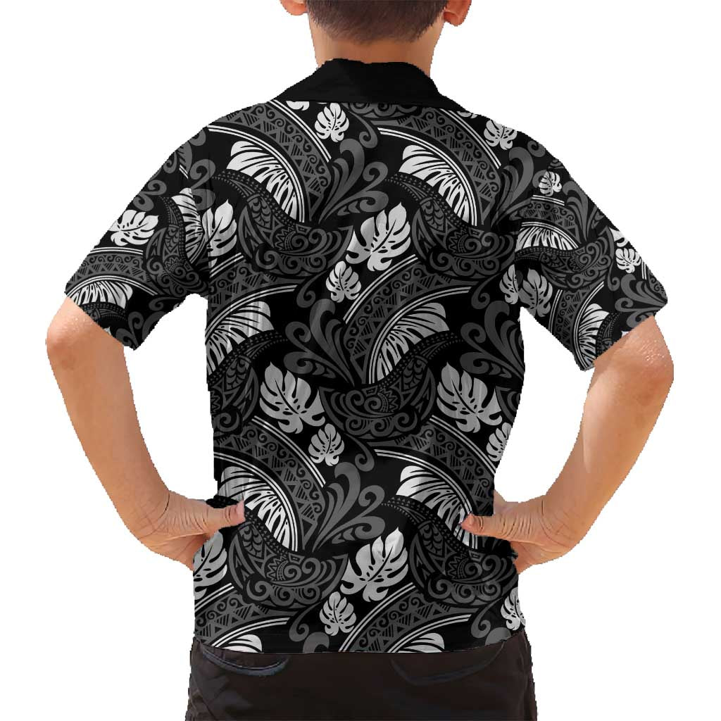 Grayscale Monstera Family Matching Off Shoulder Short Dress and Hawaiian Shirt Polynesian Tribal Pattern - Polynesian Pride