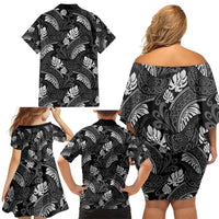 Grayscale Monstera Family Matching Off Shoulder Short Dress and Hawaiian Shirt Polynesian Tribal Pattern - Polynesian Pride