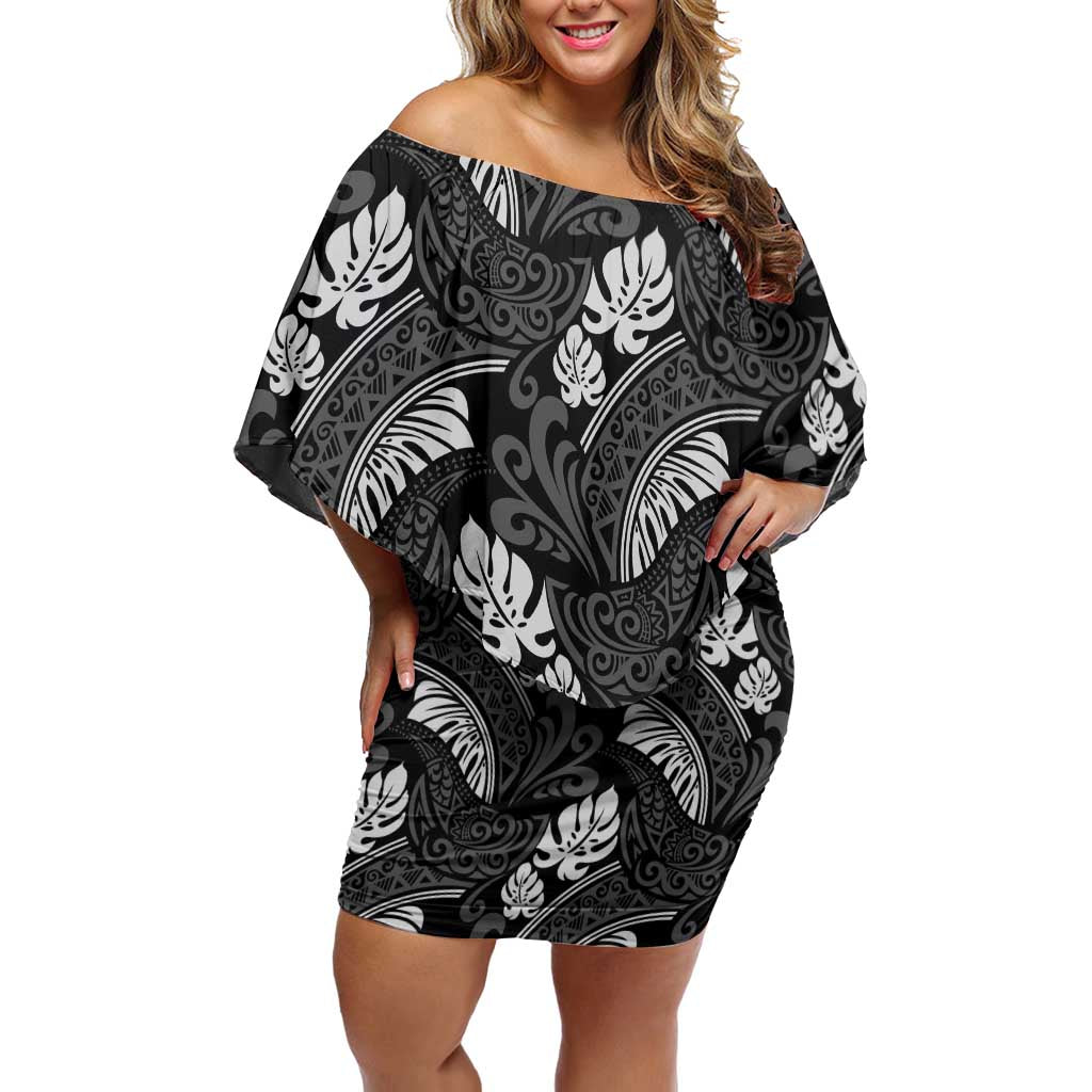 Grayscale Monstera Family Matching Off Shoulder Short Dress and Hawaiian Shirt Polynesian Tribal Pattern - Polynesian Pride