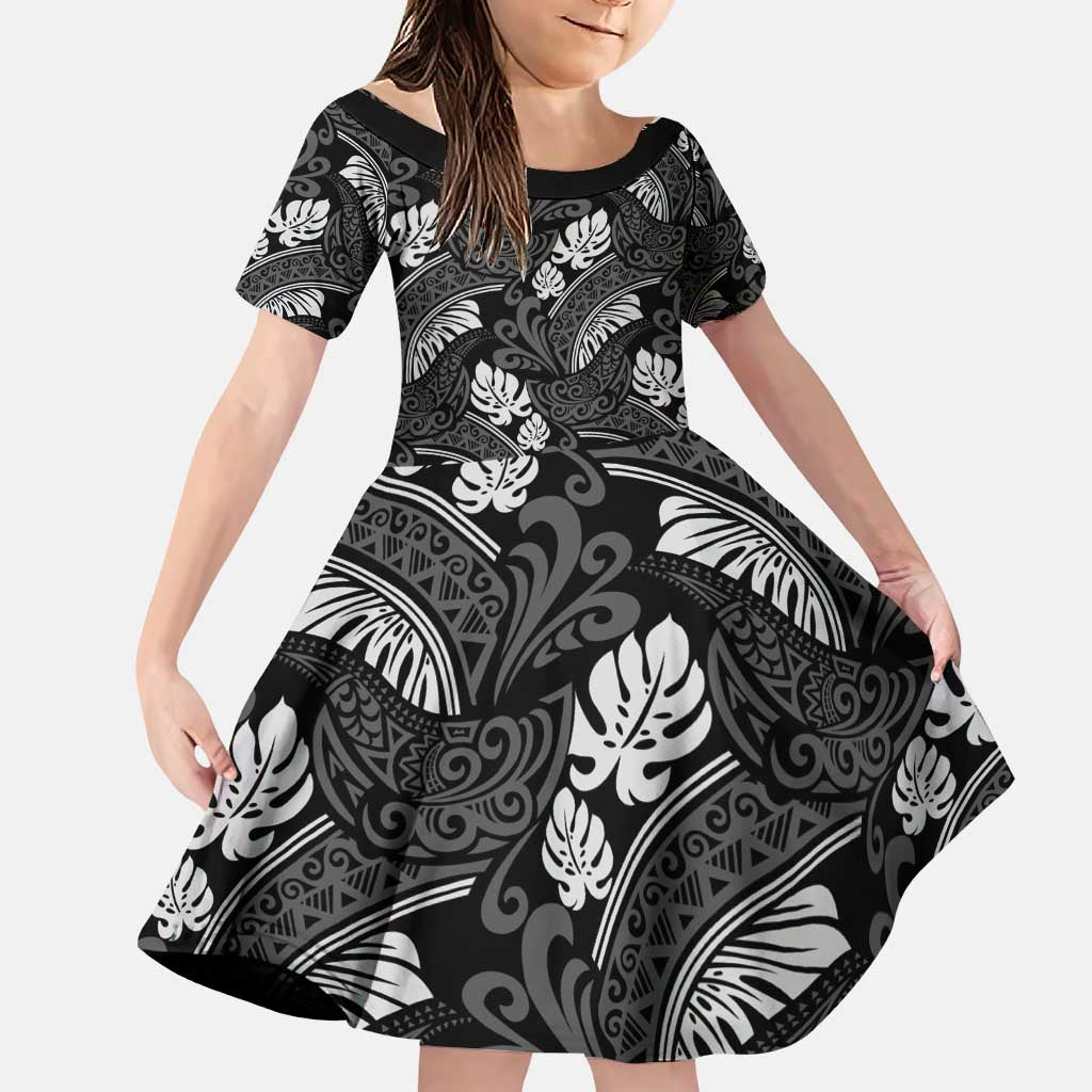 Grayscale Monstera Family Matching Puletasi and Hawaiian Shirt Polynesian Tribal Pattern LT01 Daughter's Dress Black - Polynesian Pride