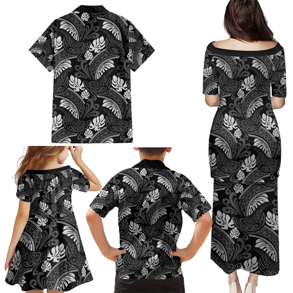 Grayscale Monstera Family Matching Puletasi and Hawaiian Shirt Polynesian Tribal Pattern LT01 - Polynesian Pride