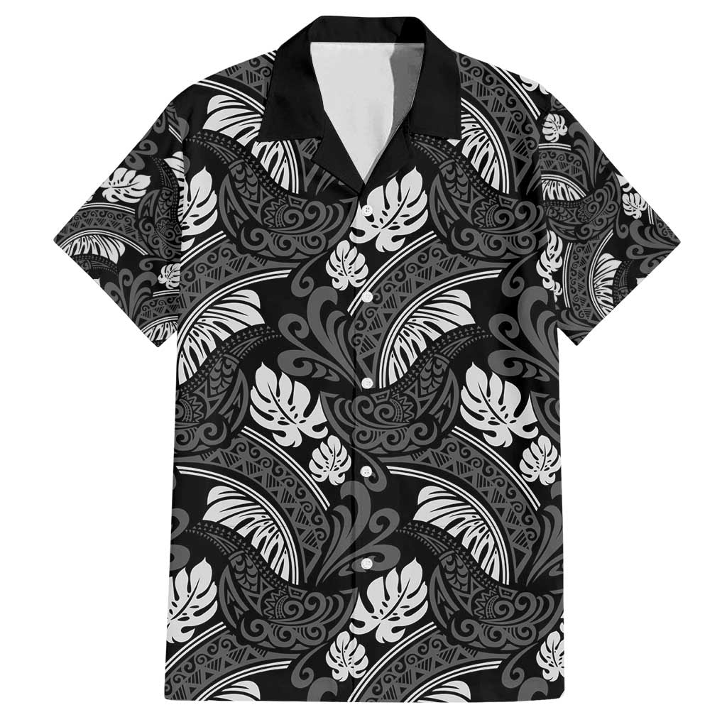 Grayscale Monstera Family Matching Puletasi and Hawaiian Shirt Polynesian Tribal Pattern LT01 Dad's Shirt - Short Sleeve Black - Polynesian Pride