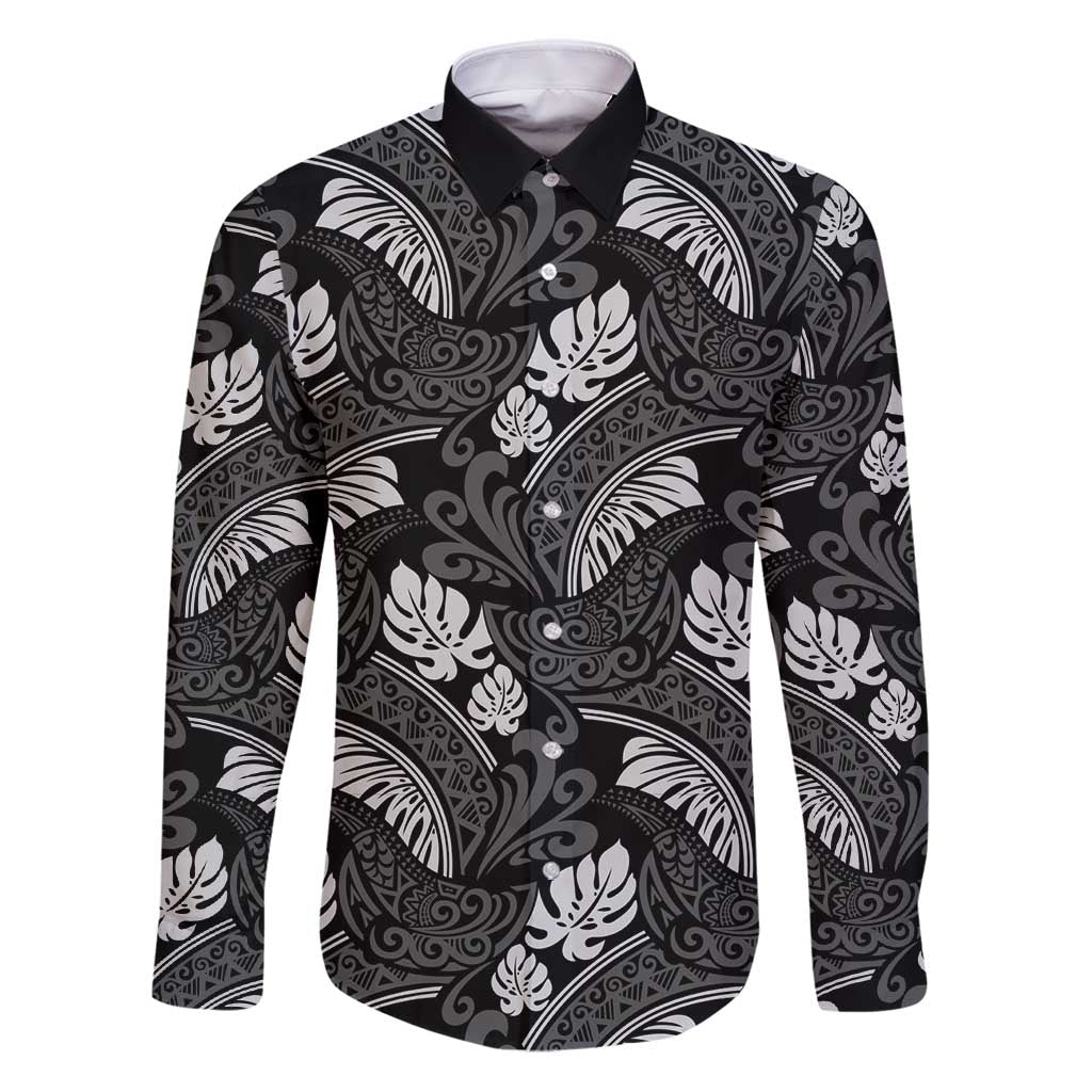Grayscale Monstera Family Matching Puletasi and Hawaiian Shirt Polynesian Tribal Pattern LT01 Dad's Shirt - Long Sleeve Black - Polynesian Pride