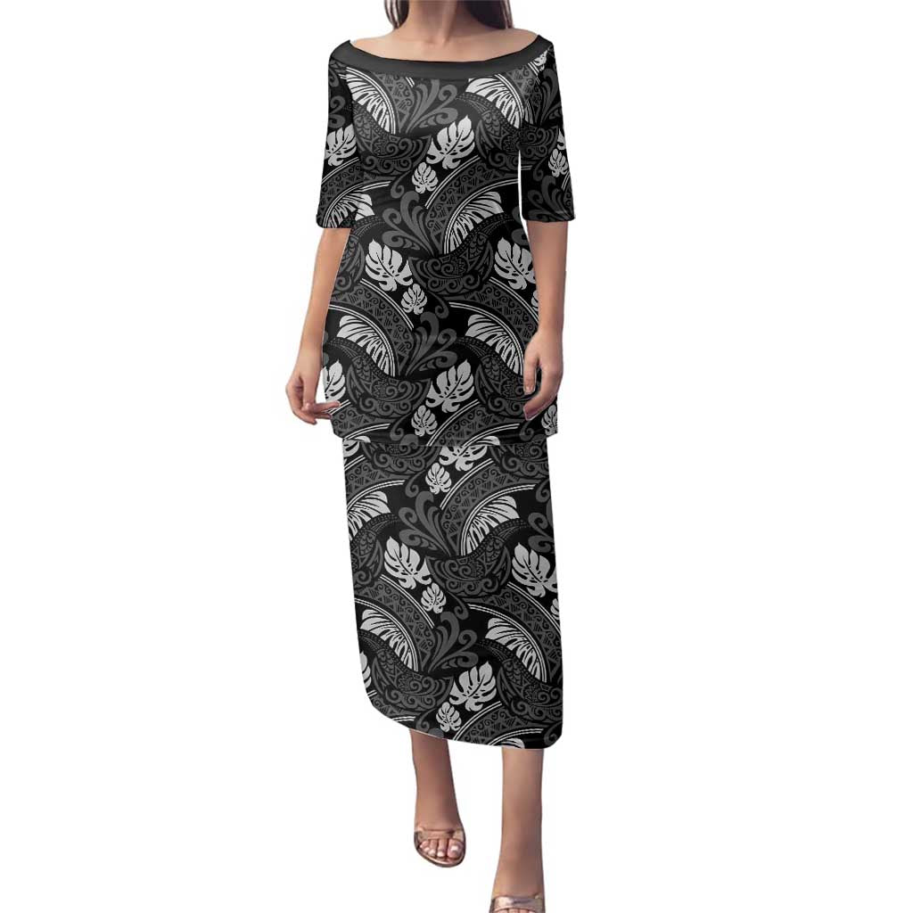 Grayscale Monstera Family Matching Puletasi and Hawaiian Shirt Polynesian Tribal Pattern LT01 Mom's Dress Black - Polynesian Pride
