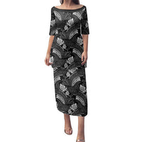 Grayscale Monstera Family Matching Puletasi and Hawaiian Shirt Polynesian Tribal Pattern LT01 Mom's Dress Black - Polynesian Pride