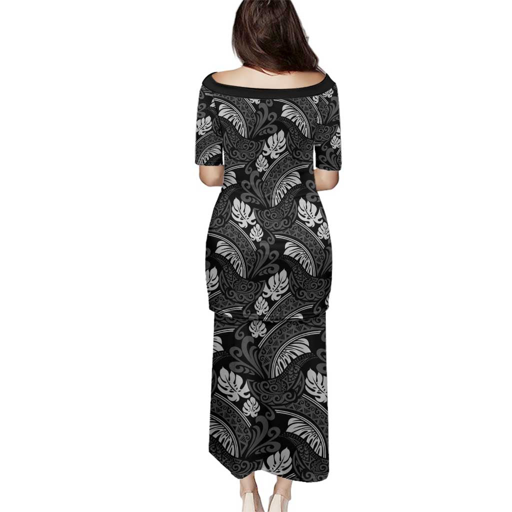 Grayscale Monstera Family Matching Puletasi and Hawaiian Shirt Polynesian Tribal Pattern LT01 - Polynesian Pride